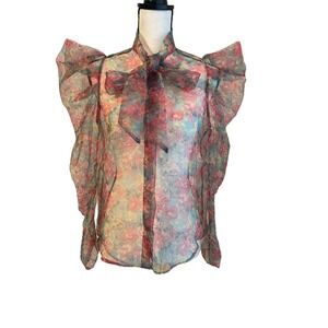 Zara Organza Blouse Women's Size Small Sheer Floral Puff Sleeve Pussycat Bow